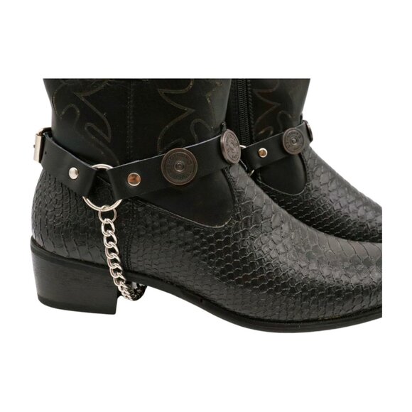 NEW Men Biker Boot Silver Chain Faux Leather 2 Straps Shotgun Bullet Shell Charm - Picture 3 of 16